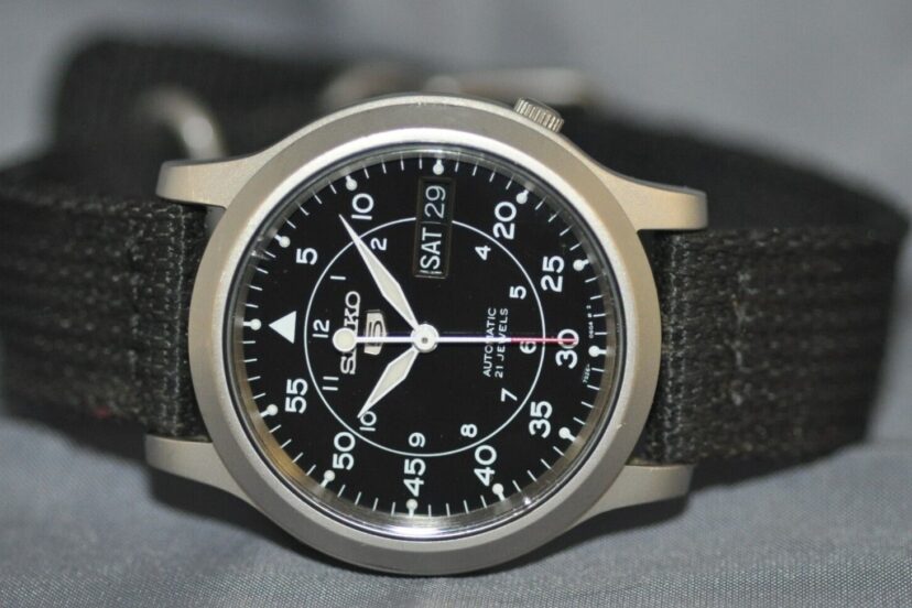 Seiko 5 Series Military Automatic Black Dial Black Canvas Watch SNK809 analog watches for men